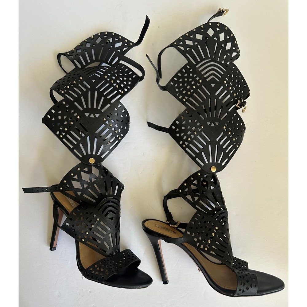Schutz Brasiliana Gladiator Sandals Black Leather Laser Cut Removable Piece 8B - Picture 2 of 16